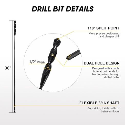36" High-Speed Steel Installer Drill Bit for Pulling Wires & Drilling Nails in Walls, Ceilings, Sidewalks, 1/2" Cutting Head, 118° Split Point, 3/16" 3-Flat Shank for Wood, with Storage Tube in Saudi Arabia