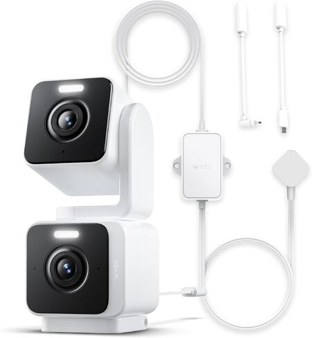 WYZE Duo Cam Pan داخلي/خارجي IP65 2K 360 درجة عموم/إمالة كاميرا أمان المنزل الذكي مقبس مصباح v2 محول الطاقة، مع رؤية ليلية ملونة، متوافق مع Alexa & Google Assistant in Kuwait