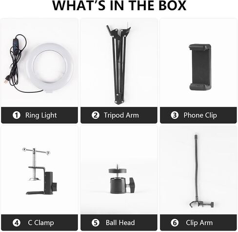 ضوء حلقة LED مقاس 6 بوصات للمكتب، حامل هاتف علوي، ضوء سيلفي LED | ضوء حلقي مع حامل وحامل هاتف، ضوء مكتب، أضواء استوديو للتصوير الفوتوغرافي وتسجيل الفيديو والبث المباشر in Kuwait