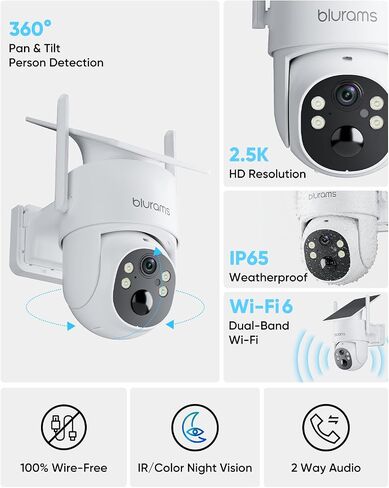 blurams 2.5K Pan/Tilt Security Cameras Wireless Outdoor, 100% Wire-Free Outdoor Camera with Fixed Solar Panel, 360° View, Dual-Band WiFi 6, Human Detection, Color Night Vision, Work with Alexa, 2Pack in Saudi Arabia