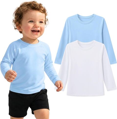 Baby Toddler Boys Long Sleeve Rash Guard Swim Shirts UPF 50+, 18M-2T | 2 Pack boys swim shirts with UPF 50+ UV sun protection; quick-dry long sleeve rash guards for beach, pool and surfing. in Kuwait