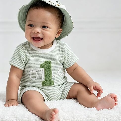 Baby Boy 1st Birthday Outfit – Waffle Knit Embroidered One Shorts Set First Birthday Outfit Boy Summer Clothes 12-18M in Saudi Arabia