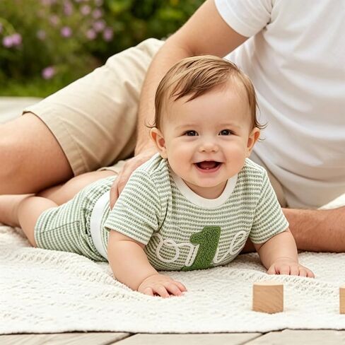 Baby Boy 1st Birthday Outfit – Waffle Knit Embroidered One Shorts Set First Birthday Outfit Boy Summer Clothes 12-18M in Saudi Arabia