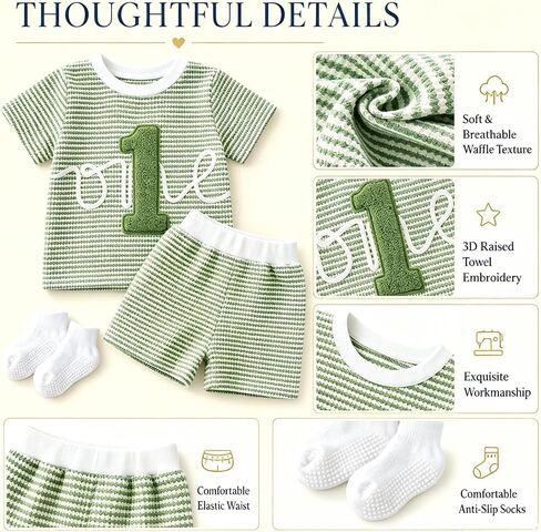 Baby Boy 1st Birthday Outfit – Waffle Knit Embroidered One Shorts Set First Birthday Outfit Boy Summer Clothes 12-18M in Saudi Arabia