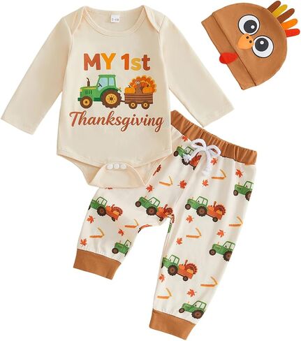 GOOCHEER My First Thanksgiving Baby Boy Outfit Turkey Long Sleeve Romper Pants Hat in Saudi Arabia