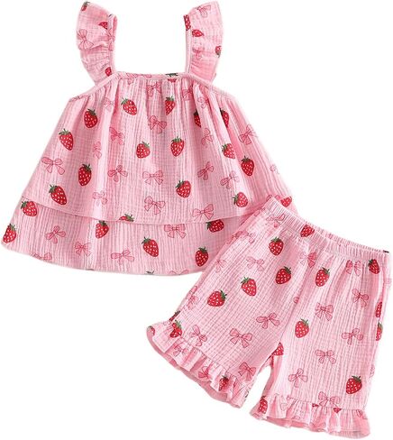 LYSINK Toddler Baby Girls Summer Clothes Strawberry Bow Print Flying Sleeve Tops with Ruffle Shorts 2Pcs Set Cute Outfit in Saudi Arabia