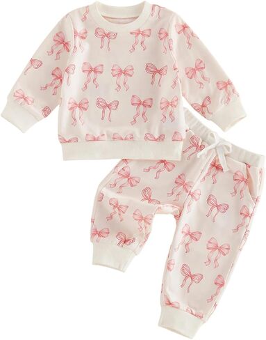 Toddler Girl Fall Clothes Outfit Long Sleeve Sweatshirt Pants Set | Toddler Baby Girl Clothes Infant Fall Winter Outfit Bow Long Sleeve Sweatshirts Pants 2 Pcs Set Little Girls Clothing Set in Saudi Arabia