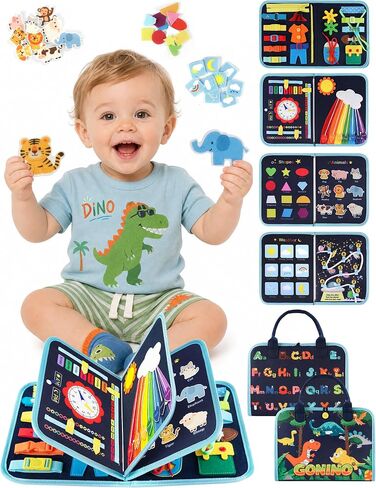 GONINO Toddler Busy Book Montessori Toys for Boys, Dinosaur Felt Busy Board | Quiet Activity Book, Preschool Learning Sensory Toys, Fine Motor Skills, Travel Toy for Airplane Car, Boys Birthday Gifts 3+ in Kuwait