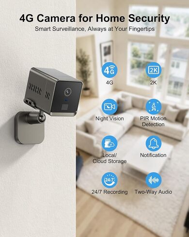 4G LTE Cellular Security Camera, No WiFi 2K HD Indoor Surveillance Camera with Built-In SIM Card for Remote Viewing, PIR Motion Detection Auto Night Vision Real-Time Alerts, Portable Battery Camera in Saudi Arabia