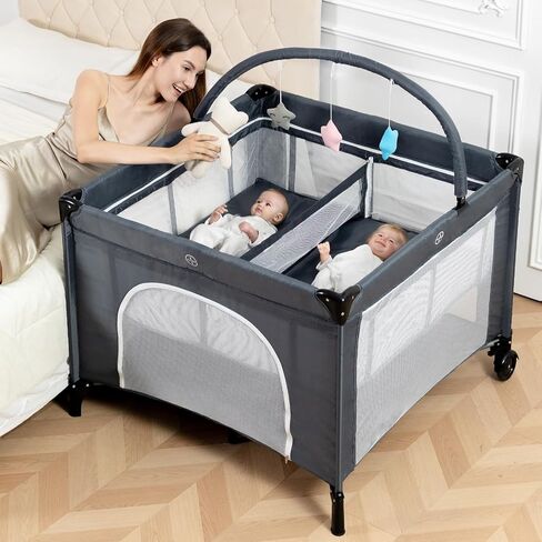 Twin Bassinet with Hanging Toys & Storage Basket, Grey | 3 in 1 Twin Bassinets for 2 Babies, Portable Pack and Play Foldable Bedside Sleeper with Carry Bag in Saudi Arabia