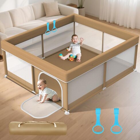 79x71 Baby Playpen - Portable Large Playpen for Babies and Toddlers, Khaki | Baby Play Pen with Visible Mesh & Zipper Door - All-Wrapped Sponge Safe Sturdy Play Yard with 2 Handles & Storage Bag in Kuwait