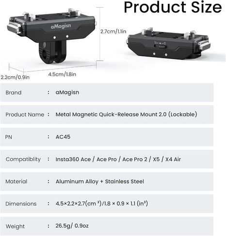 2.0 Upgraded Magnetic Quick Release Mount with Auto Lock, Stainless Steel Secure Lock Bracket for Insta360 X4 Air/X5/Ace Pro 2/Ace Pro/Ace, Anti-Vibration for Motorcycle & Cycling Vlogging in Kuwait