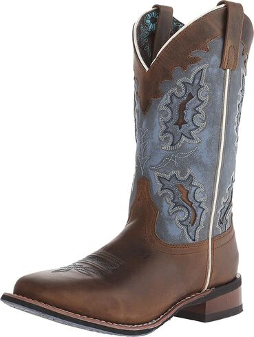 Laredo Womens Isla Tooled-Inlay Embroidered Square Toe Pull On Casual Boots Mid Calf Low Heel 1-2" - Brown in Kuwait