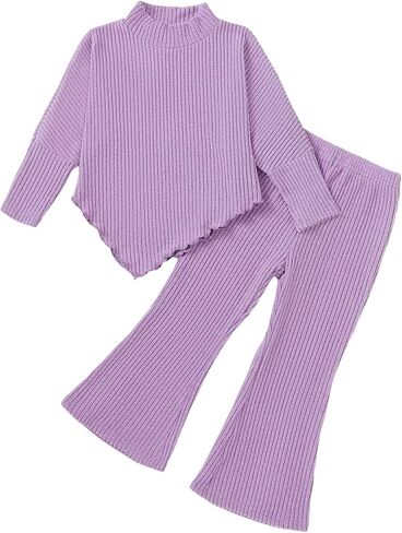 Kucnuzki Toddler Girl Clothes Fall Winter Outfits Mock Neck Long Sleeve Sweater and Flare Pants Clothes Set 2 Piece Size 3-8Y in Kuwait