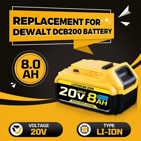 2Packs 8.0Ah 20V Replacement for Dewalt 20V MAX Battery | Compatible with Dewalt 20V Battery DCB200 DCB204 DCB206 DCB201 DCB203 DCB181 DCB180 in Saudi Arabia