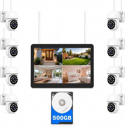 Camcamp Wireless Security Camera System with 10 Inch Monitor, 8 PTZ Cameras | 1080P Cameras, No WiFi Needed for Local Recording, 500GB Storage, No Monthly Fee, 24/7 Loop Record, Expandable to 10, Alexa in Kuwait