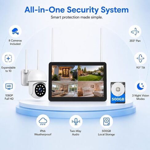 Camcamp Wireless Security Camera System with 10 Inch Monitor, 8 PTZ Cameras | 1080P Cameras, No WiFi Needed for Local Recording, 500GB Storage, No Monthly Fee, 24/7 Loop Record, Expandable to 10, Alexa in Kuwait