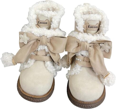 BEROBELLO Racoon Winter Warm Ankle Snow Boots, Plush Lined, Lace-Up Platform Boots, Lolita Style with Bow Details in Kuwait