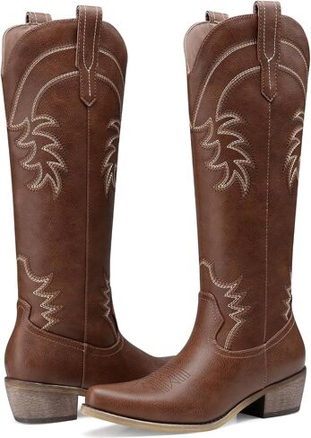 Cowboy Boots for Women Western: Comfortable Knee High Cowgirl Boots | Side Zipper Pointed Toe, Chunky Low Heel, Country Concert Party, Retro Vintage Classic Tall Boot for Ladies Size 6-11 in Kuwait
