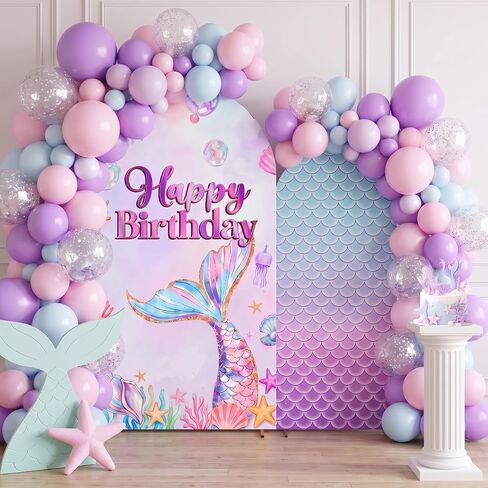 2 Pieces Mermaid Backdrop Birthday Decorations, 6ft and 7.2ft Milk Silk Stretch Fabric Arch Cover for Birthday Photography Background Party Decor in Saudi Arabia