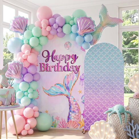 2 Pieces Mermaid Backdrop Birthday Decorations, 6ft and 7.2ft Milk Silk Stretch Fabric Arch Cover for Birthday Photography Background Party Decor in Saudi Arabia
