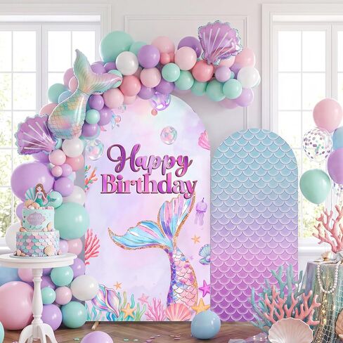 2 Pieces Mermaid Backdrop Birthday Decorations, 6ft and 7.2ft Milk Silk Stretch Fabric Arch Cover for Birthday Photography Background Party Decor in Saudi Arabia