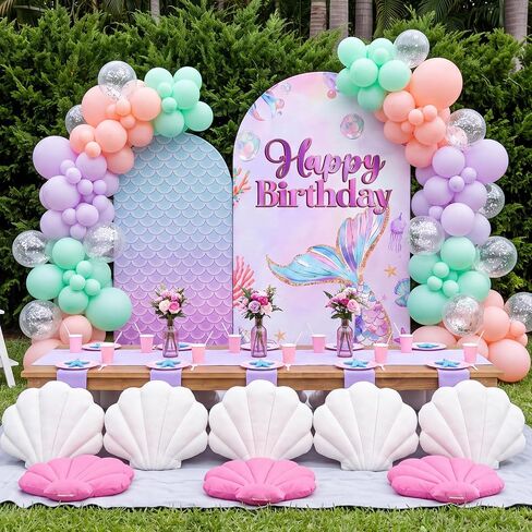 2 Pieces Mermaid Backdrop Birthday Decorations, 6ft and 7.2ft Milk Silk Stretch Fabric Arch Cover for Birthday Photography Background Party Decor in Saudi Arabia