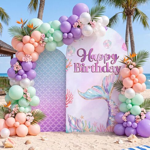 2 Pieces Mermaid Backdrop Birthday Decorations, 6ft and 7.2ft Milk Silk Stretch Fabric Arch Cover for Birthday Photography Background Party Decor in Saudi Arabia