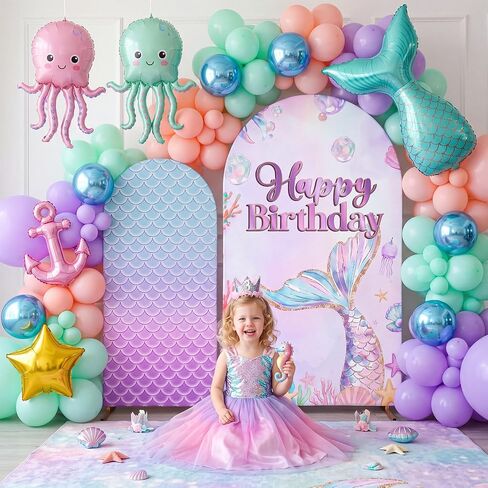 2 Pieces Mermaid Backdrop Birthday Decorations, 6ft and 7.2ft Milk Silk Stretch Fabric Arch Cover for Birthday Photography Background Party Decor in Saudi Arabia