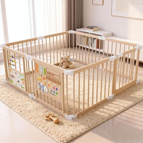 Foldable Wooden Baby Playpen, Play Yard with Adjustable Size and Shape, Built-in Lockable Baby Gate, Portable Fence for Babies and Toddlers, Includes 2 Game Boards, 10+ Toy Set(55X55X24) in Saudi Arabia