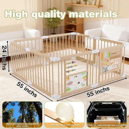 Foldable Wooden Baby Playpen, Play Yard with Adjustable Size and Shape, Built-in Lockable Baby Gate, Portable Fence for Babies and Toddlers, Includes 2 Game Boards, 10+ Toy Set(55X55X24) in Saudi Arabia