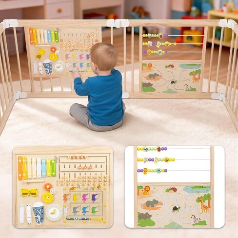 Foldable Wooden Baby Playpen, Play Yard with Adjustable Size and Shape, Built-in Lockable Baby Gate, Portable Fence for Babies and Toddlers, Includes 2 Game Boards, 10+ Toy Set(55X55X24) in Saudi Arabia