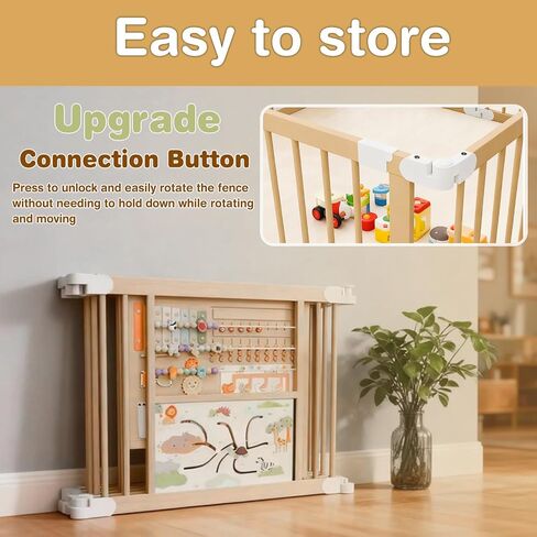 Foldable Wooden Baby Playpen, Play Yard with Adjustable Size and Shape, Built-in Lockable Baby Gate, Portable Fence for Babies and Toddlers, Includes 2 Game Boards, 10+ Toy Set(55X55X24) in Saudi Arabia