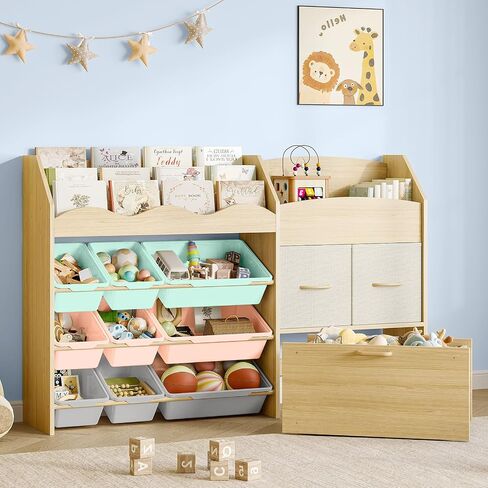 EXPERLAM Kids Toy Storage Organizer, Scalloped Shelf, 9 Bins, Toy Chest | 5-in-1 scalloped book display with solid pine storage zones for independent reading, toy sorting and playroom organization in Saudi Arabia