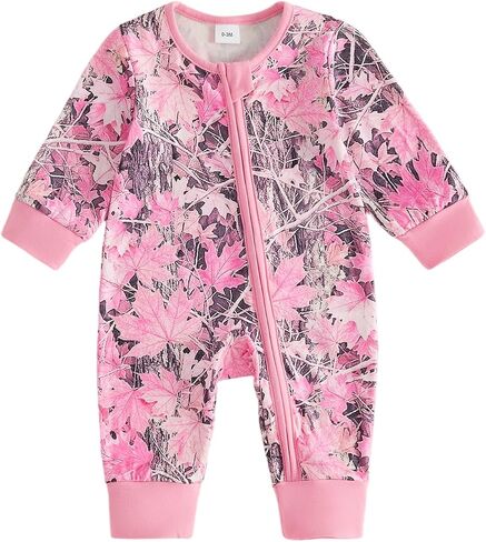 Baby Girl Hunting Outfit Fall Camo Onesie Clothes Romper Jumpsuit | Baby Girl Camo Outfits,Camouflage Maple Leaf Print,Long Sleeve,Zipper Romper,Jumpsuit,Infant Hunting Clothes Fall/Winter in Saudi Arabia