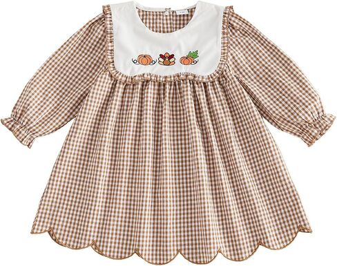 Toddler Baby Girl Thanksgiving Outfit Plaid Smocked Dress | Long Sleeve, Pumpkin/Turkey Pattern, Ruffle Collar, Fall Winter Clothes in Kuwait