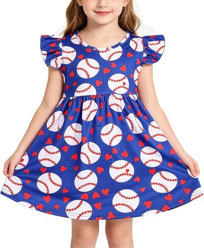 nebljgo Toddler Girls Football Dress Baseball Print Short Sleeve Dress Summer Outfits 2-8Y in Saudi Arabia