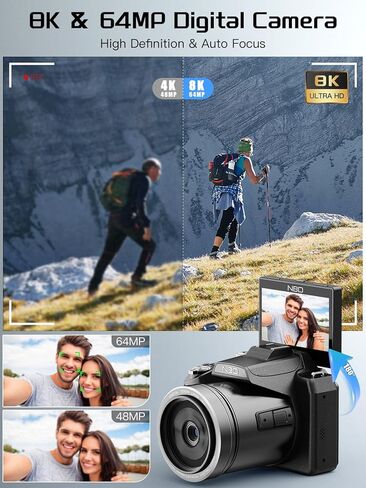 8K Digital Camera, 64MP Cameras for Photography with 3" Flip Screen, 16X Zoom, WiFi & Autofocus, Vlogging Camera for YouTube, Includes 64GB Card & 2 Batteries in Kuwait