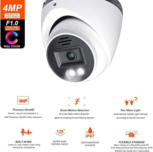 SINIS 4MP PoE Security IP Camera, Color-Vu Full Color Turret Camera Outdoor | Use Alone or With NVR,True Color Night Vision,F1.0 Super Aperture,Human Motion Detect,Metal,Built-in Mic,Up to 512G SD,IP67 in Kuwait