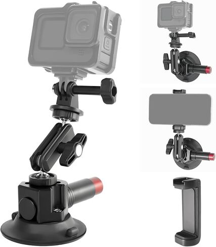 4.5in Camera Suction Cup with Aluminum Ball Head Magic Arm, 1/4" ARRI Holes Car Camera Mount Compatible with DJI Gopro Insta360 Phone Action Camera with Phone Holder in Saudi Arabia
