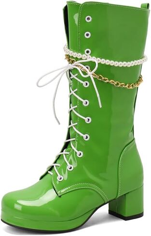 MFairy Womens Mid Block Heel Patent Leather Boots Mid-Calf Block Heel Go Go Boots in Kuwait