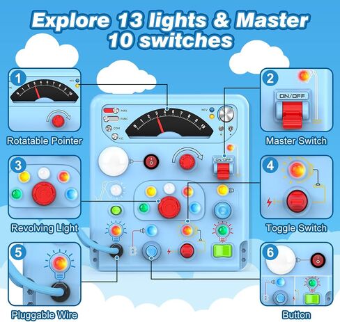 Tozuoup Busy Board Montessori Toys for Kids with 13 LED Lights, Sensory Board Toys Educational Learning for Kids, Activity Toy Christmas Birthday Gifts for Boys and Girls in Kuwait