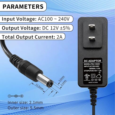 UL Listed 12V 2A AC/DC Adapter Power Supply | 9 Tips for LED Strip Lights, CCTV Cameras, GPS, Routers, 100-240V 50/60Hz Input, 4 ft DC Cord, 2000mA in Saudi Arabia