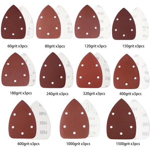 33pcs Sand Paper Mouse Sander Sandpaper 60-1500 Grits with 2pcs Detail Sander Paper Interface Pad Hook and Loop Triangle Sanding Pads with 5 Holes for 140mm Sanding Machine in Saudi Arabia