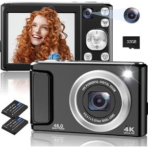4K Digital Camera,48MP Cameras for Photography with Front and Rear Camera | Vlogging Compact Camera,Autofocus,16X Zoom Protable Point and Shoot Cameras with 32GB SD Card,Anti-Shake,2 Batteries in Kuwait