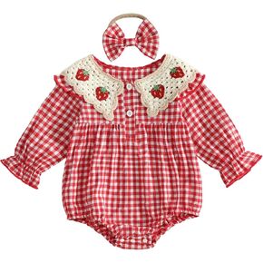 Newborn Baby Girl Outfit Strawberry Cherry Knit Romper Fall Plaid Bodysuit | Newborn Spring Fall Clothes Cute Strawberry Cherry Knit Peter Pan Collar Long Sleeve Plaid Romper Matching With Bow Headband in Saudi Arabia