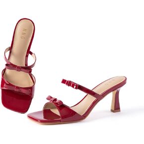 Women Bow Heeled Sandals Open Toe Comfort Cute Stability Heels | Slip-On Bow Decor, Glossy Patent Finish, Square Toe, Cushioned Insole, Slide Heel Sandals, Office Wedding Party in Kuwait