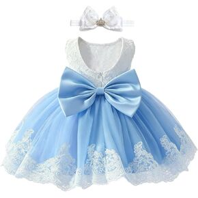 Baby Christening Dress Lace Pageant Baptism Wedding Formal Bowknot Birthday Party Tutu Flower Girls Dress w/Headwear in Kuwait