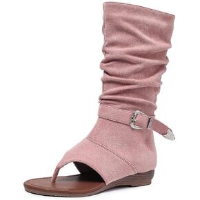 Women'S Suede Pleated Wedge Heel Mid Calf Sandal Boots with Belt Buckle Elegant Round Open Toe Flat Pull On Thong Sandals Casual Outdoor Everyday Y2K Summer Boot in Kuwait
