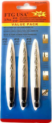 FTG USA 3 Pc #10 3/16" Replacement Tapered Drill Bit Only All Same Size Set | Wood Countersink Replacement: 3 Pc HSS M2 tapered drill bits for woodworking countersink tools. 1/4" hex shank. No cutter in Saudi Arabia